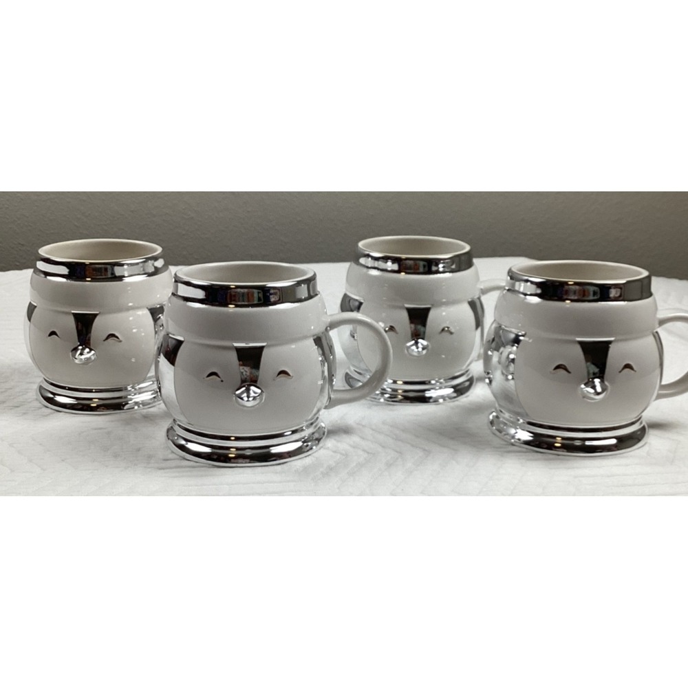 Slatkin & Co Penguin Mugs Set 4 • Silver Winter Cocoa‎ Cups • Cute Holiday Decor